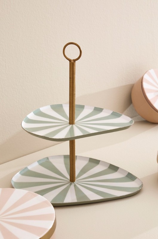 Alzata a 2 piani decorativa in metallo con decoro verde e bianco